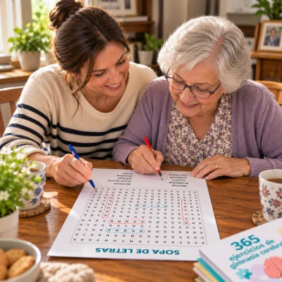 Hija y madre mayor resolviendo juntas una sopa de letras en letra grande