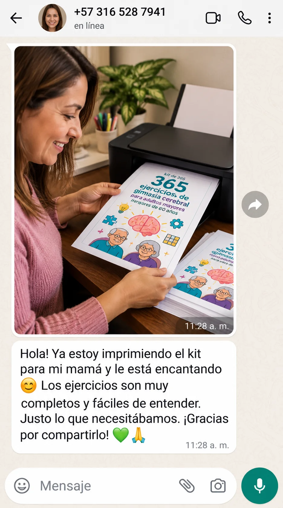 Mensaje de WhatsApp de una hija que ya está imprimiendo el kit para su mamá