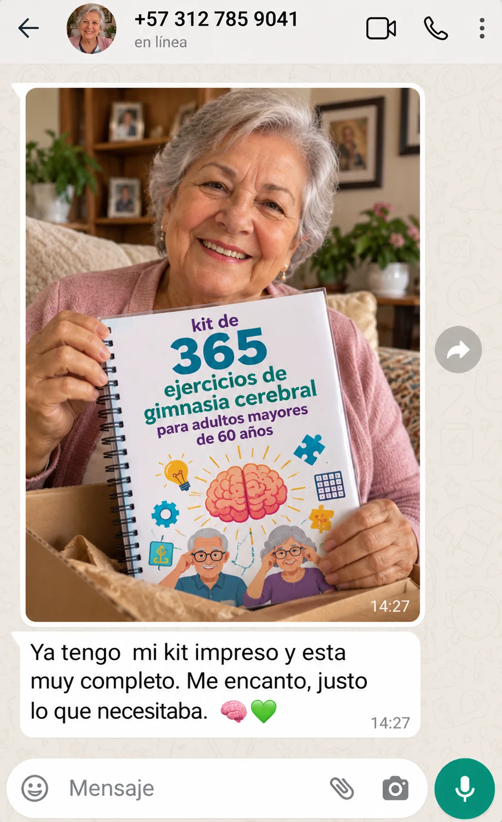 Mensaje de WhatsApp de una clienta: ya tengo mi kit impreso y está muy completo